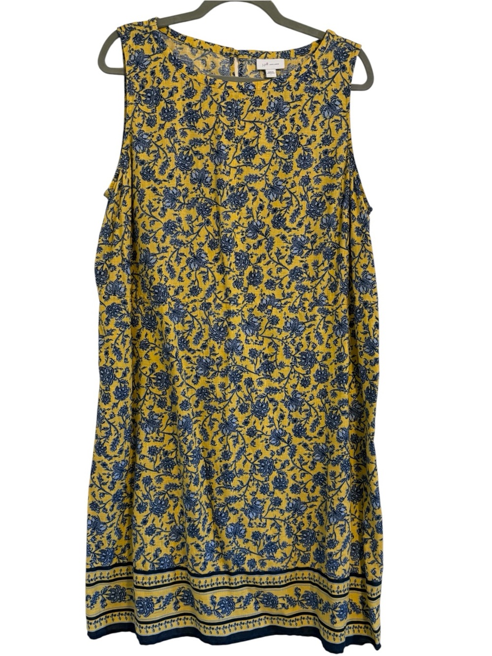 ☀️ J. Jill 100% Linen Yellow & Navy Floral Sleeveless Shift Sundress – Size L